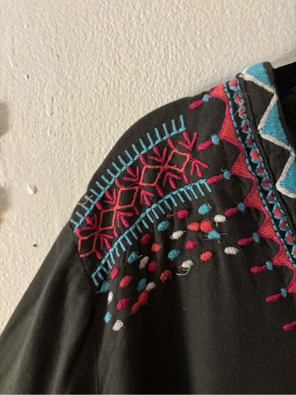 Time for Me Moss Green V-Neck Embroidered Tunic with Pink and Teal Accents - Picture 3 of 7